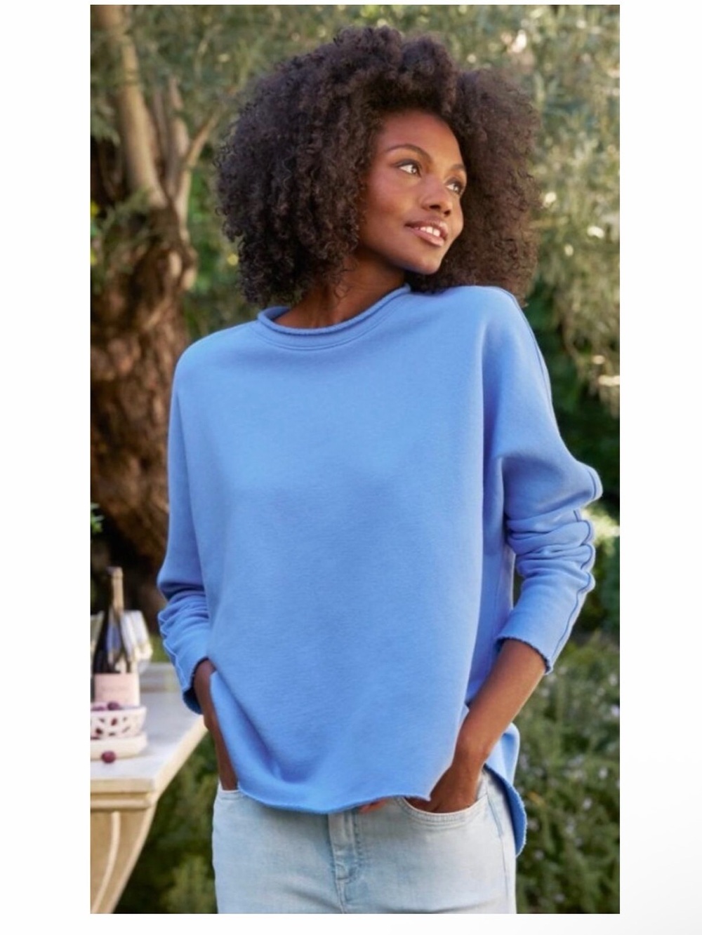 Frank & Eileen Anna Long Sleeve Rolled Crew Neck Capelet Top Blue Womens XL